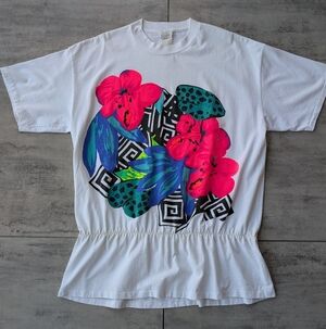 Vintage 80s Slim Allure Tropical Floral Beach Cover Up Shirt Single Stitch Large